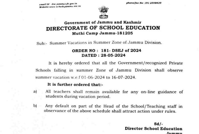 Private, Govt Schools in Jammu Division Summer Zone to Observe Summer Holidays From June 1