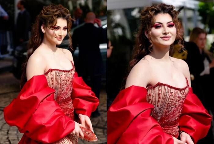 Cannes 2024: Urvashi Rautela Exudes 'Dracula Core Vibes' in Shimmery Bodycon Gown With Red Statement Sleeves - Pics