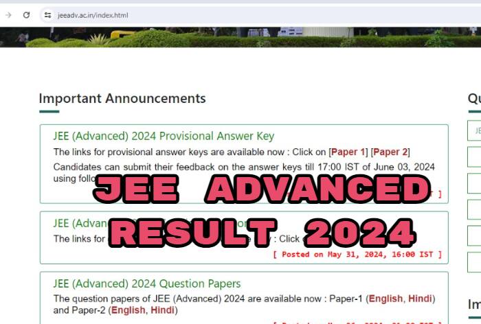 JEE Advanced 2024 Result LIVE: IIT JEE Advanced Result, Final Answer Key at jeeadv.ac.in(Shortly); Direct Link