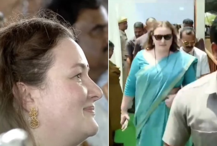 Pawan Kalyans Wife Anna Lezhneva Gets Overwhelmed During Oath Ceremony, Wears Traditional Blue Silk Saree And Mangalsutra For The Big Day- Watch