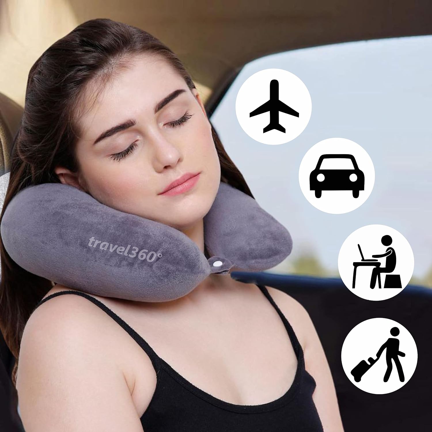 Travel 360 Degree Neck Pillow for Travel in Flight, Car, Train for Sleeping, Neck Support Lightweight Travel Pillow for Men and Women - (Grey)