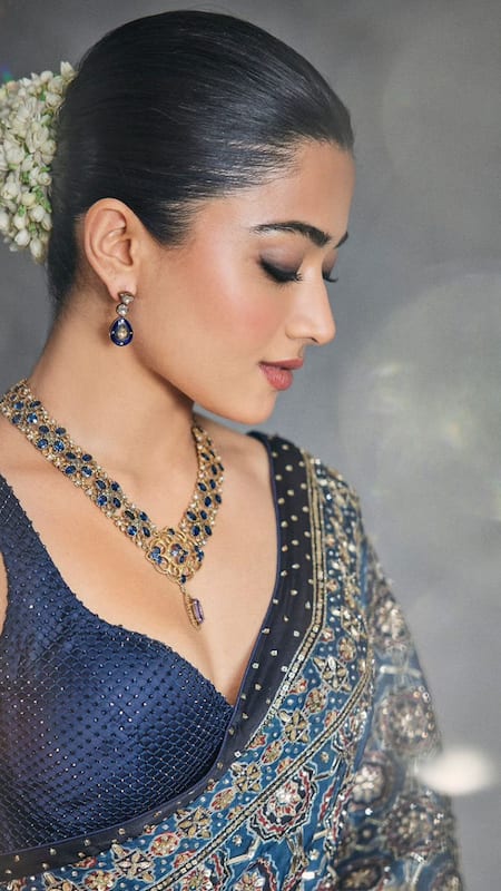 Rashmika Mandanna is a Sight to Behold in Dark Blue Embellished Saree