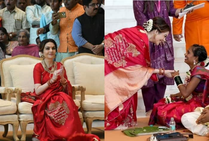 Nita Ambani drapped a custom red saree with gayatri embroidery for 'Mass Wedding'