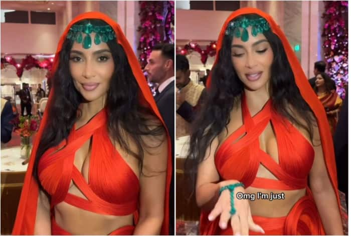 Kim Kardashian is Keeping Up with The Ambanis, Wears Huge Emerald Studded Jewellery in Stunning Red Saree - Viral Pic