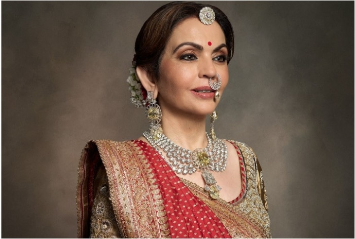 Nita Ambani’s Royalty at Peak in Banarasi Saree, Swarovski Crystal Pallu and Giant Necklace With 100-Carat Yellow Diamond