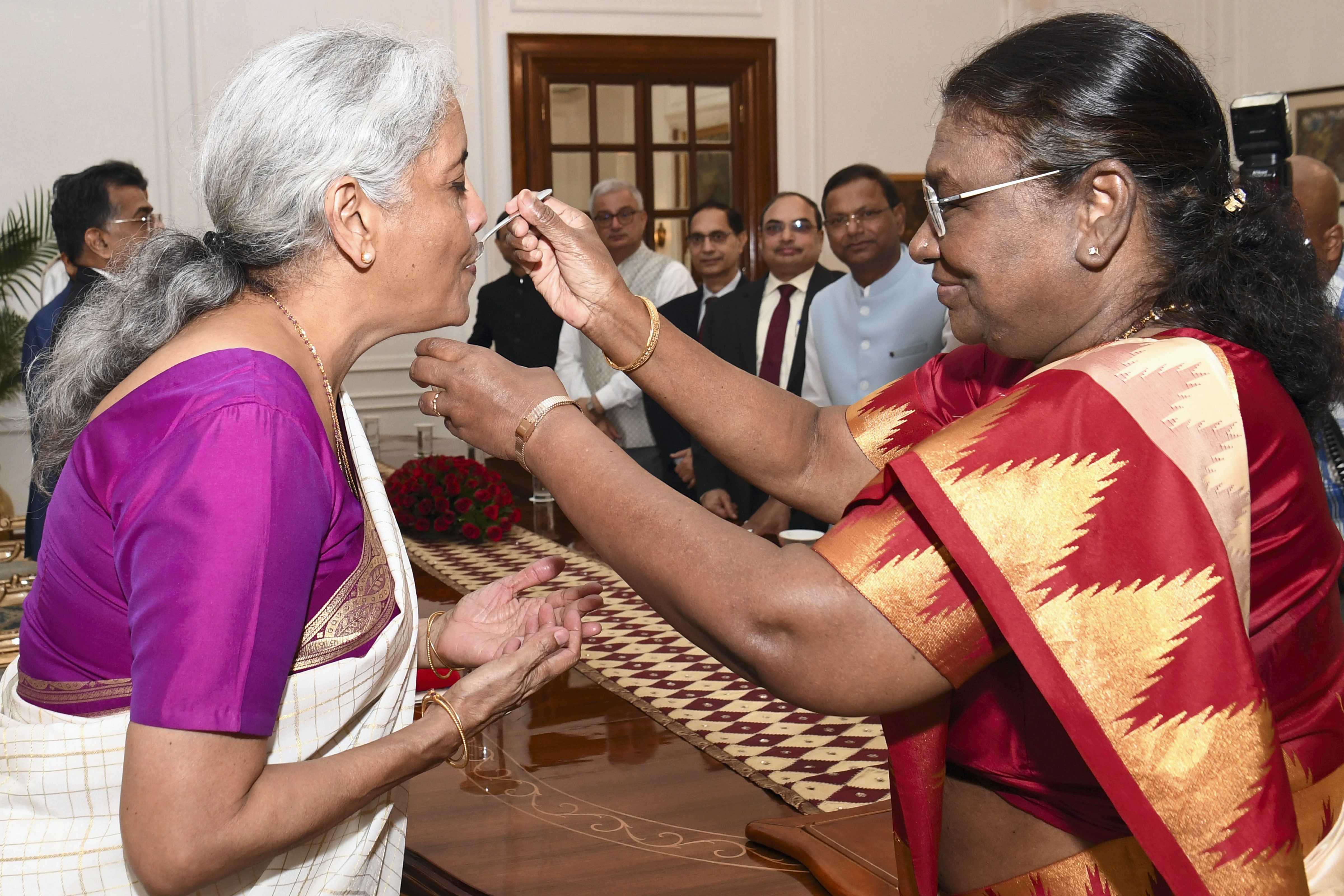 Nirmala Sitharaman called on President Droupadi Murmu at Rashtrapati Bhavan before presenting the Union Budget (PTI)