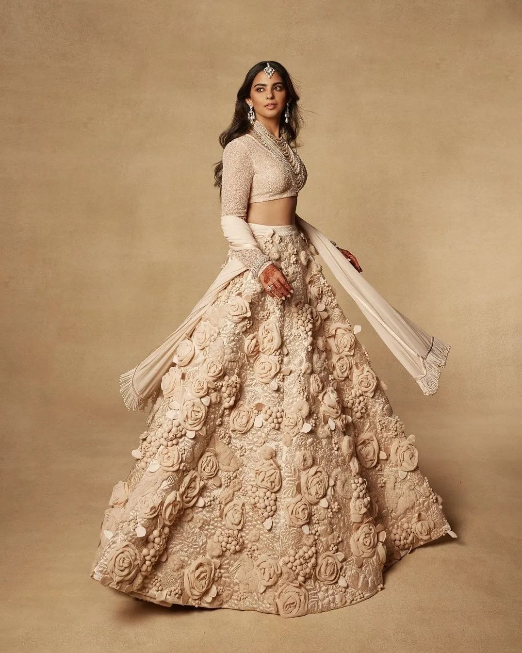 Isha Ambani in 3D floral lehenga for Anant Ambani and Radhika Merchant's wedding festivities 