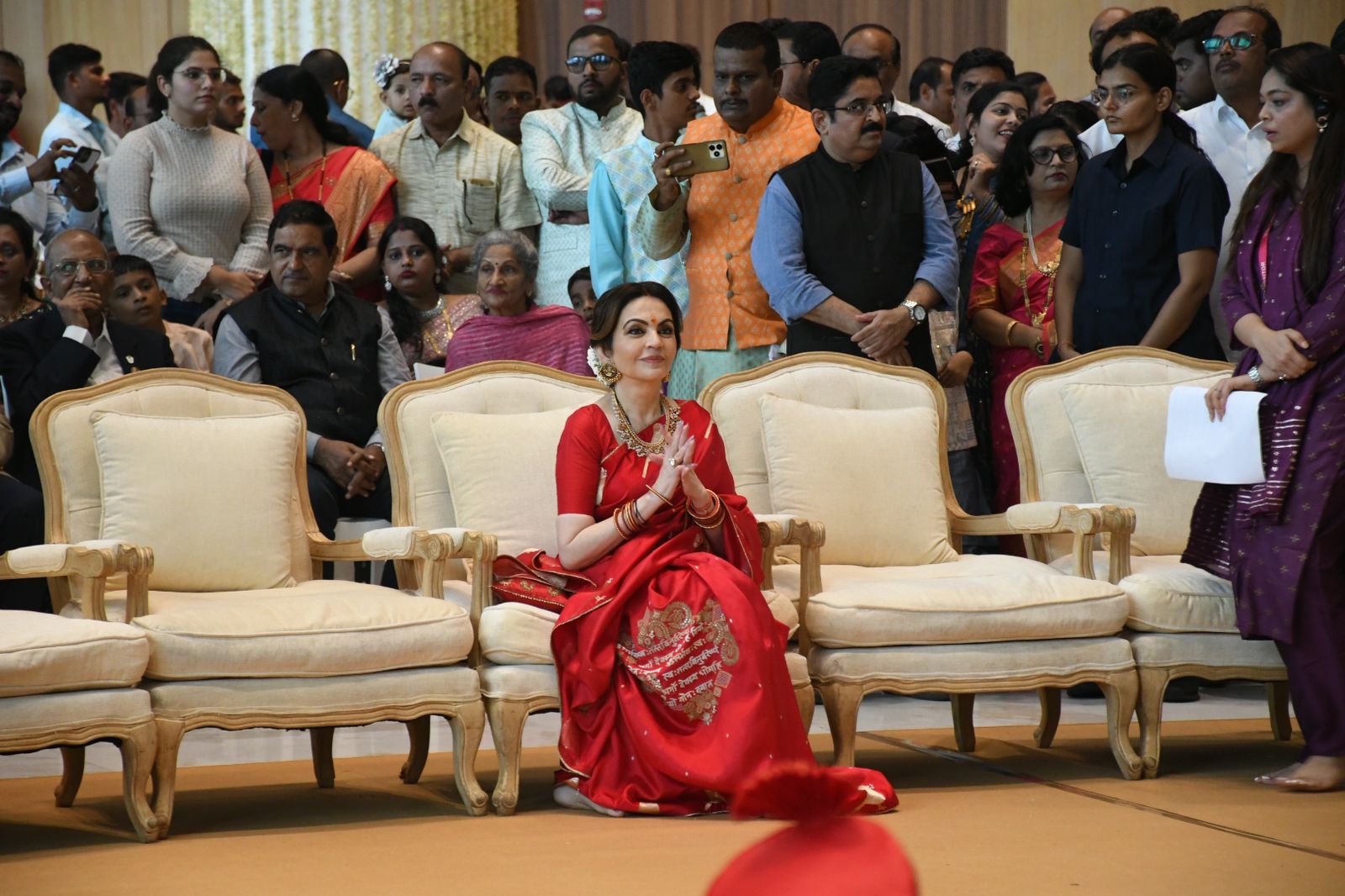Nita Ambani wore a beautiful red saree with gayatri mantra embroidery 