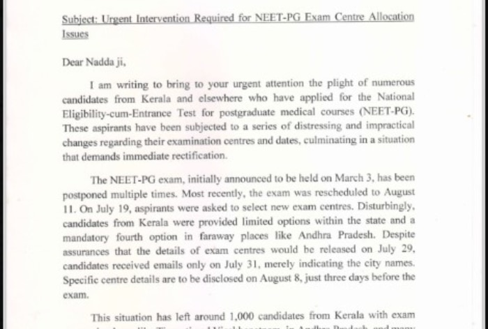 ‘Intervene Immediately,’ Congress Leader Writes Letter to JP Nadda To Allot Test Centres Within State Or Nearby For Kerala NEET PG Students