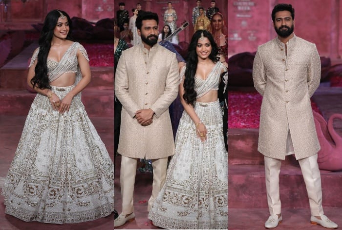 Fashion Hit! Rashmika Mandanna's Ivory Beaded Lehenga Steals the Show, While Vicky Kaushal's Dapper Sherwani Wins Hearts - Pics