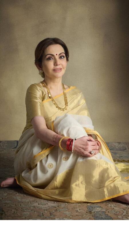 Nita Ambani Inspired Pure White And Golden Silk Sarees For Onam 2024