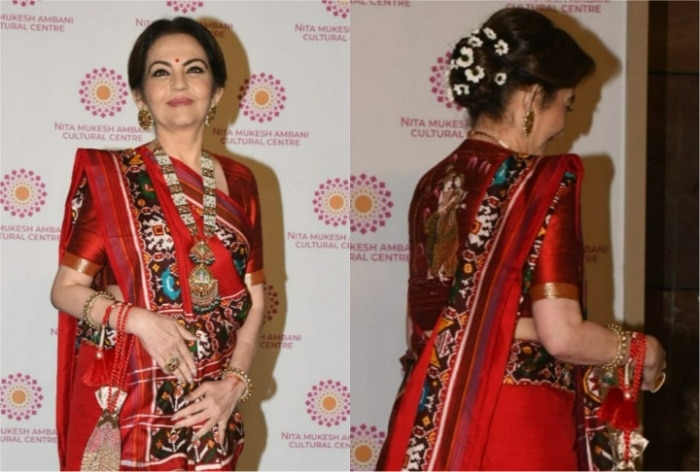 Nita Ambani Drapes Traditional Gujarati Style Grace in Red Silk Patola Saree With a Special Feature on Her Blouse