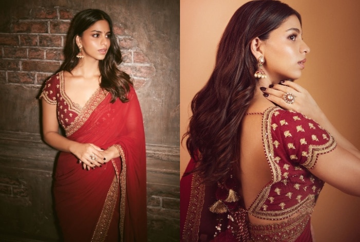 Suhana Khan becomes queen of six-yard elegance in a sindoori red saree paired with Rs 34K golden embroidered blouse