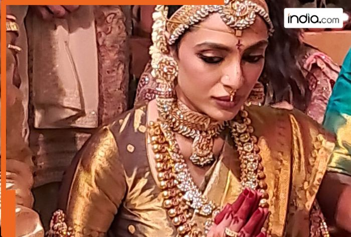 Sobhita Dhulipala is a golden bride in shiny kanjeevaram silk saree with traditional gold necklace, bajubandh and more – See pic