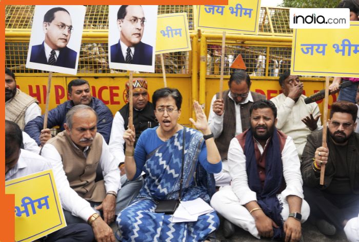 AAP stages ‘dharna’ after suspended MLAs, Atishi stopped at Delhi Assembly gate