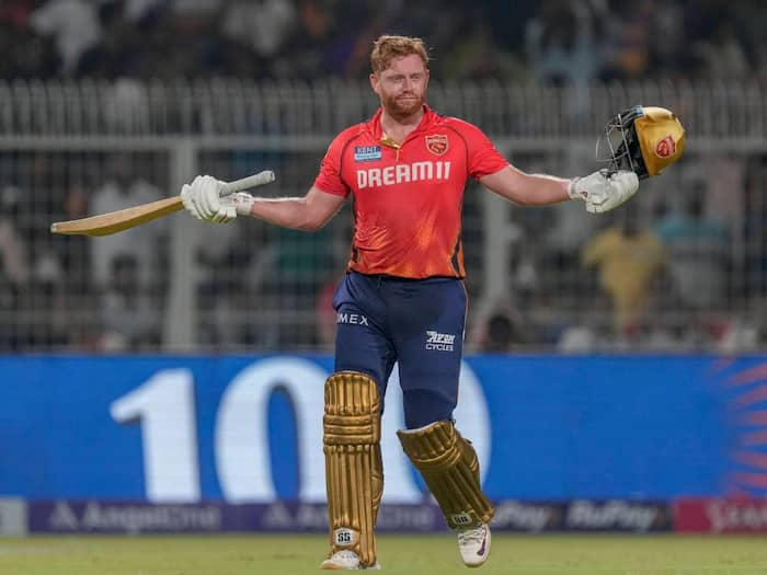Punjab Kings Jonny Bairstow celebrates after scoring a century during the Indian Premier League cricket match between Kolkata Knight Riders and Punjab Kings  in Kolkata  India  Friday  April 26  2024   AP Photo Bikas Das
