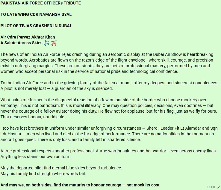 ‘Shame on you, Pakistanis’: Pakistan Air Force officer blasts Pakistanis who mocked Tejas crash and its pilot; Showers praises on Namansh Syal; Read here