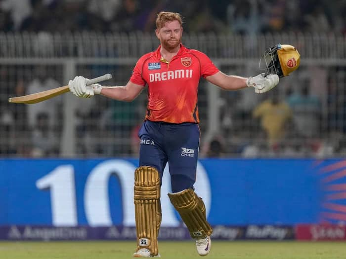 Punjab Kings Jonny Bairstow celebrates after scoring a century during the Indian Premier League cricket match between Kolkata Knight Riders and Punjab Kings  in Kolkata  India  Friday  April 26  2024   AP Photo Bikas Das