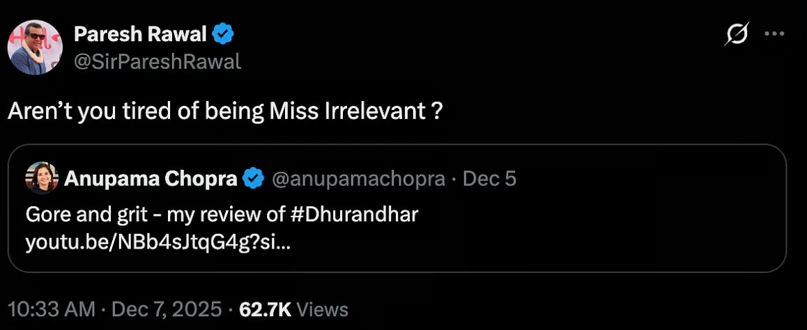 Anupama Chopra faces another trolling session from netizens after Mohit Suri REACTS to Dhurandhar, fans say, ‘On the face…’