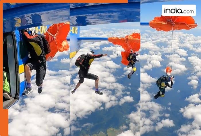 Skydiver dangles mid-air at 15000 km in..., raising safety concerns, scary video goes viral