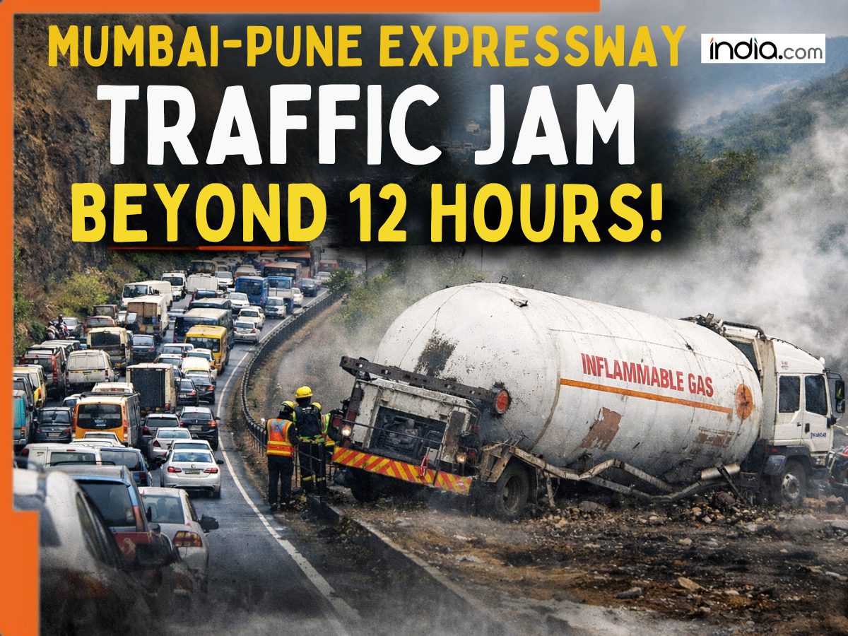 Mumbai-Pune Expressway traffic jam stretches beyond 12 hours after flammable gas tanker…