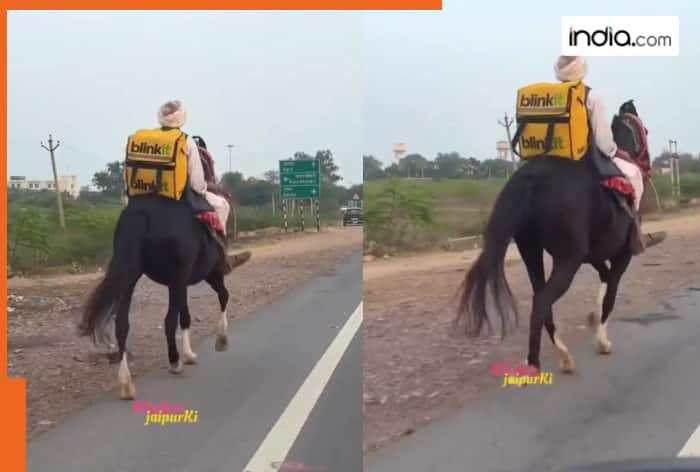 Blinkit delivery on horseback! Rajasthan man carrying yellow-coloured backpack goes viral | Watch viral video