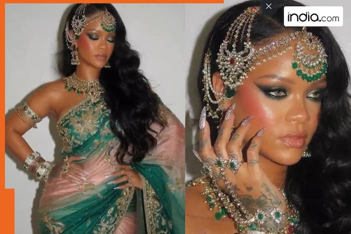 After facing trolls over cow-feeding, Rihanna goes full desi in a sheer green and pink saree - Watch