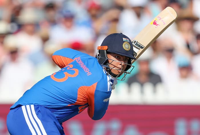Vaibhav Suryavanshi plays a shot during