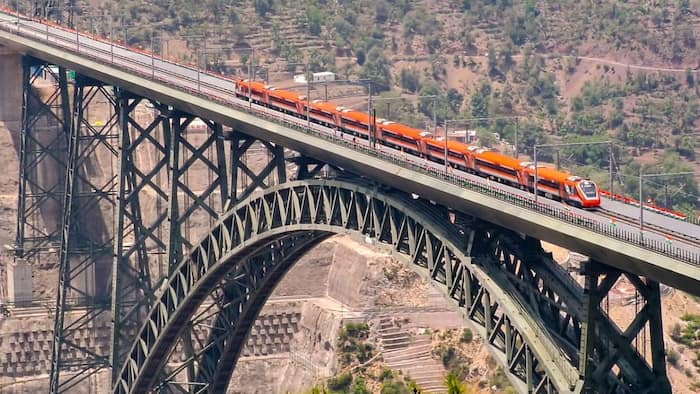 WATCH: Stunning visuals as Vande Bharat crosses world's highest Chenab bridge at nearly 100 Kmph